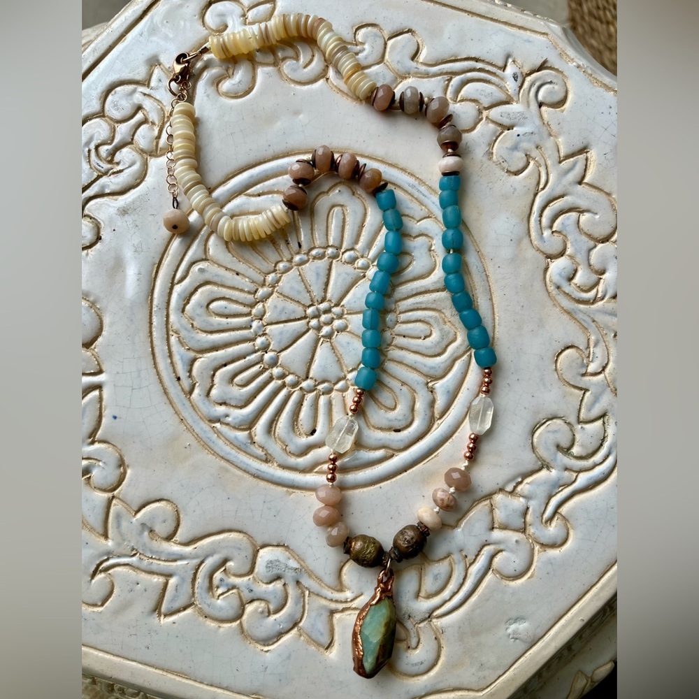Boho Beaded Gemstone Necklace with Copper Amazonite Pendant